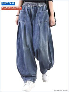 Women's Denim Harem Pants Wide Leg Elastic Waist Baggy Jeans
